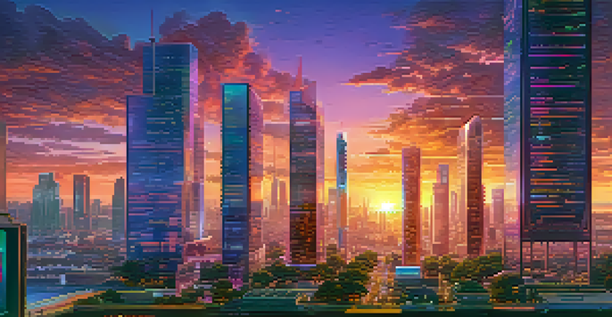 A sunset view of a futuristic city skyline with skyscrapers, digital billboards, and electric vehicles.