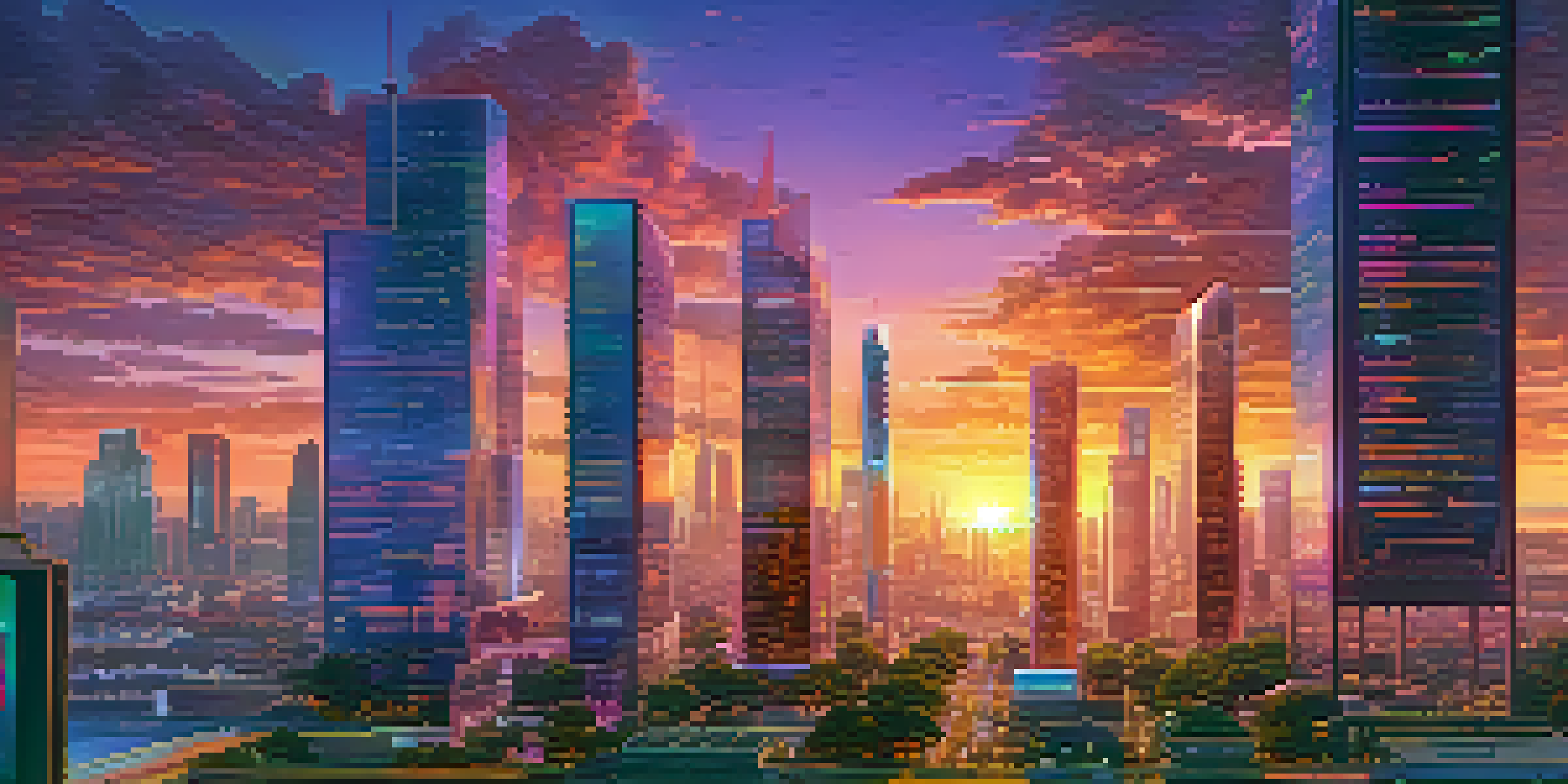 A sunset view of a futuristic city skyline with skyscrapers, digital billboards, and electric vehicles.