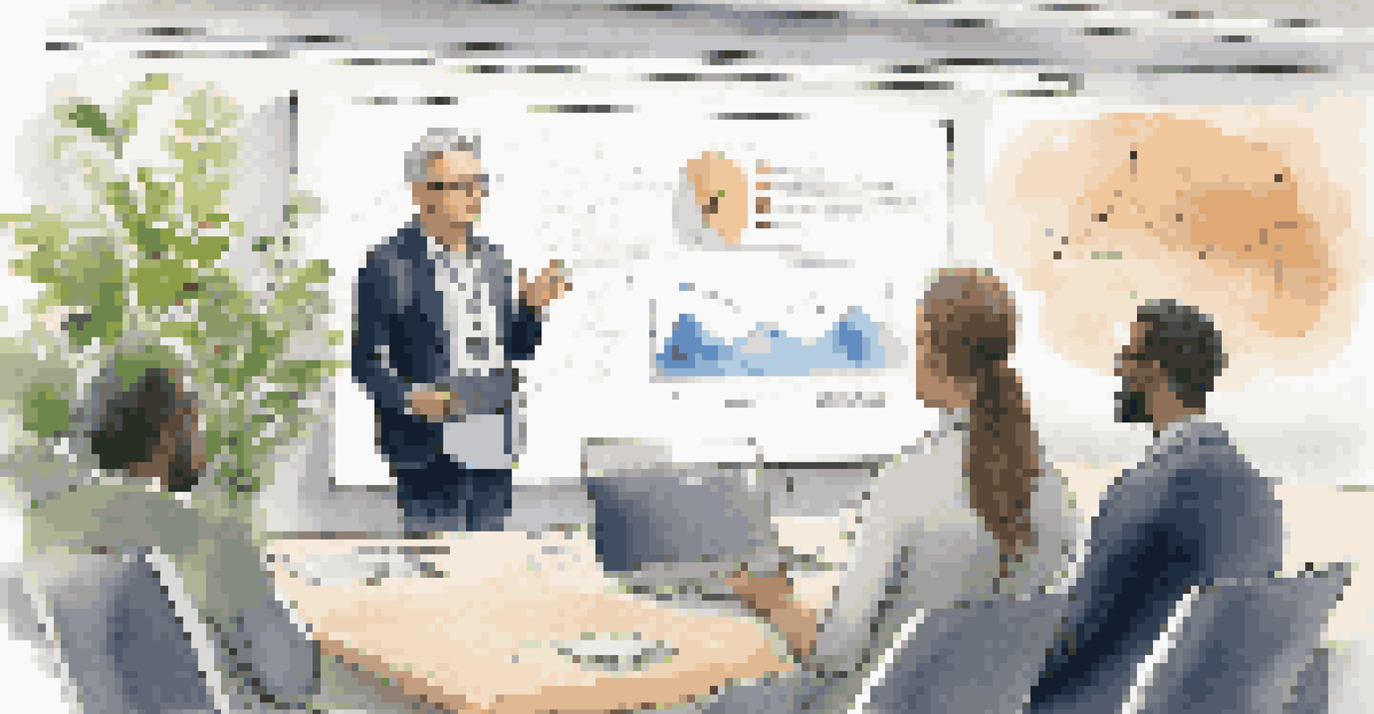 A leader showing a digital strategy on a screen with attentive team members in a modern conference room.