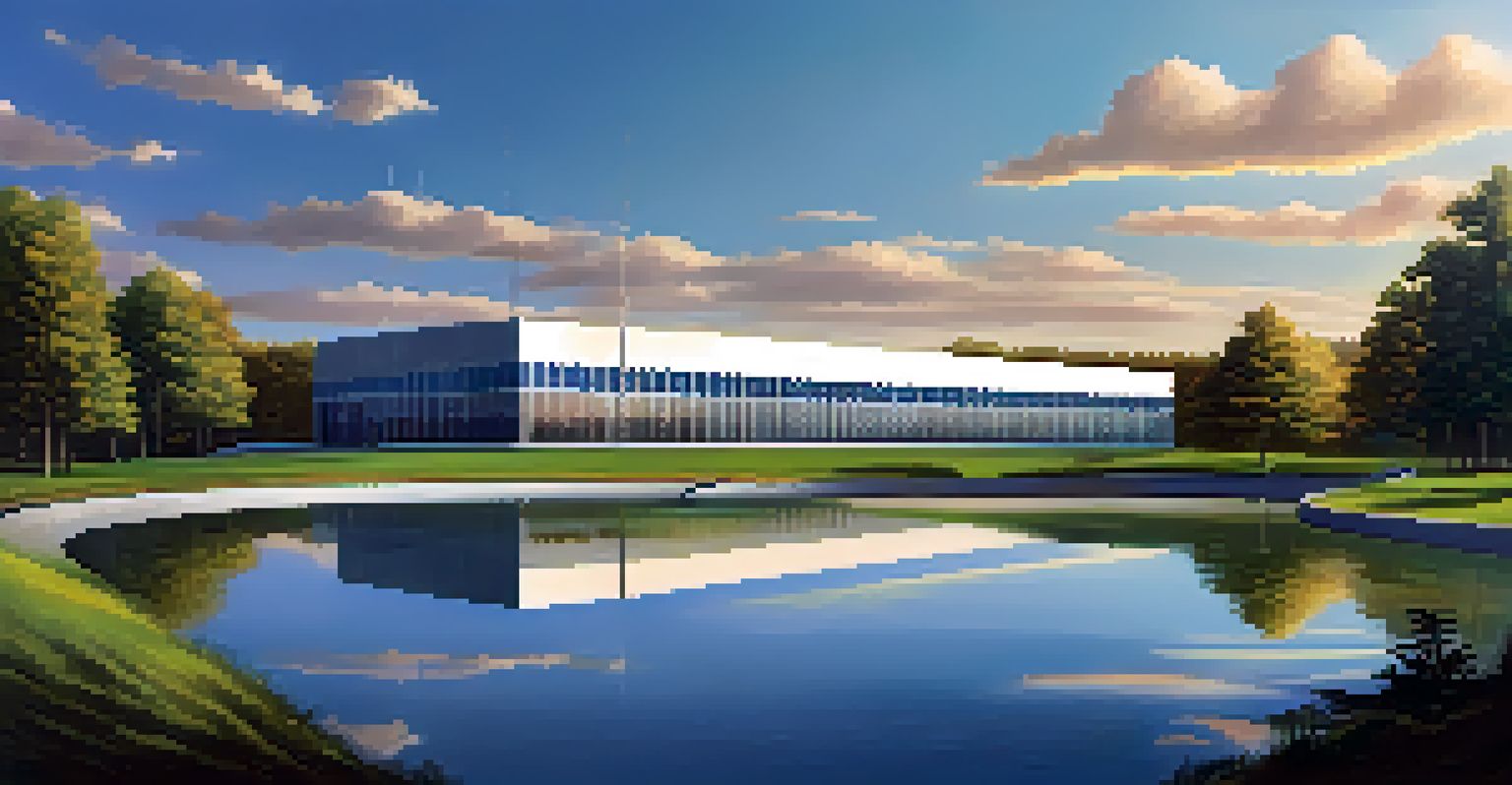 A modern data center surrounded by nature, featuring solar panels and a clear blue sky.