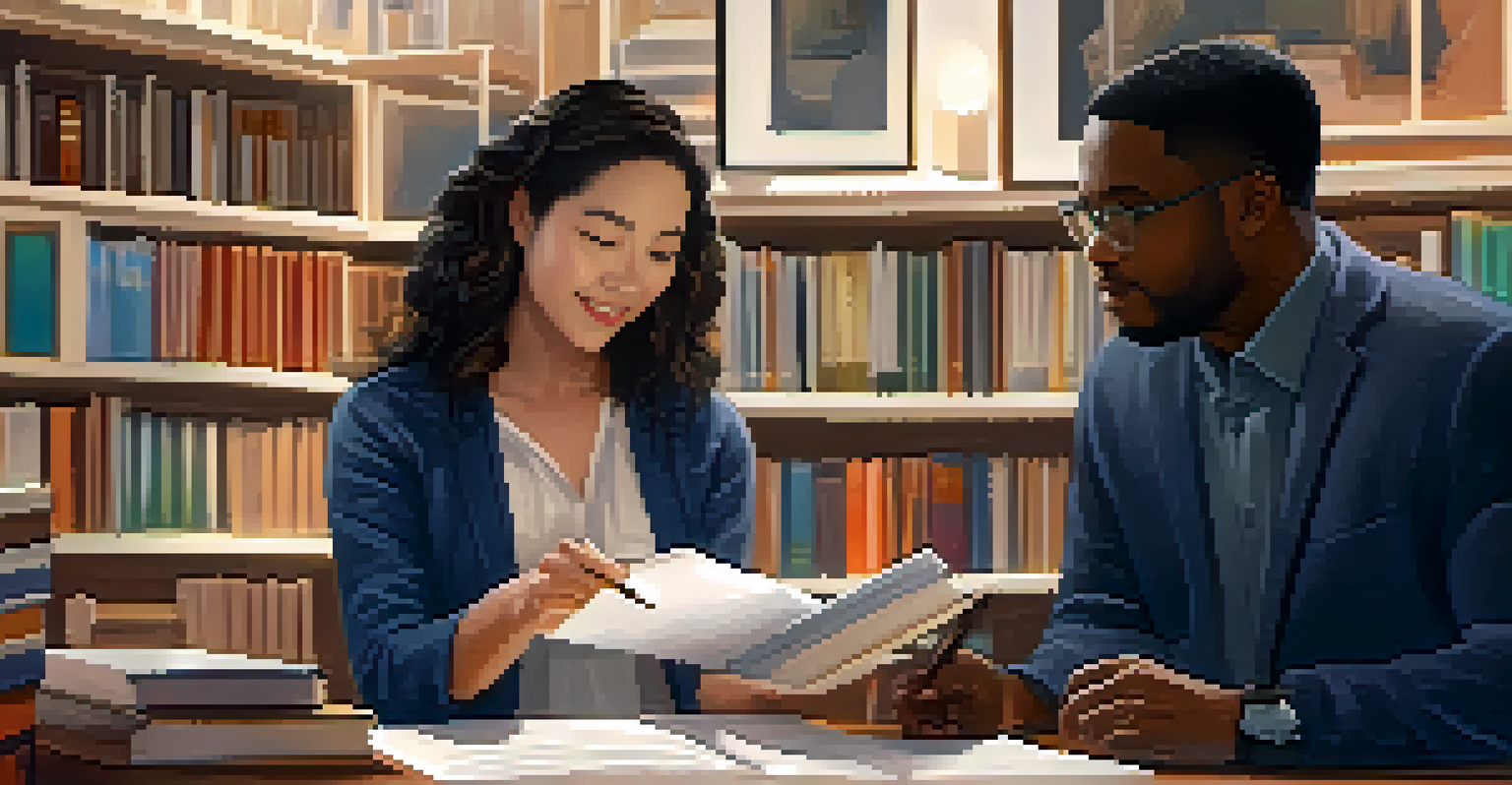 A mentorship session between a mentor and a junior employee in a cozy office with bookshelves.