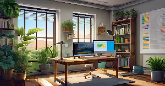 A warm and inviting office space featuring a wooden desk with a laptop, indoor plants, and motivational posters on the walls.