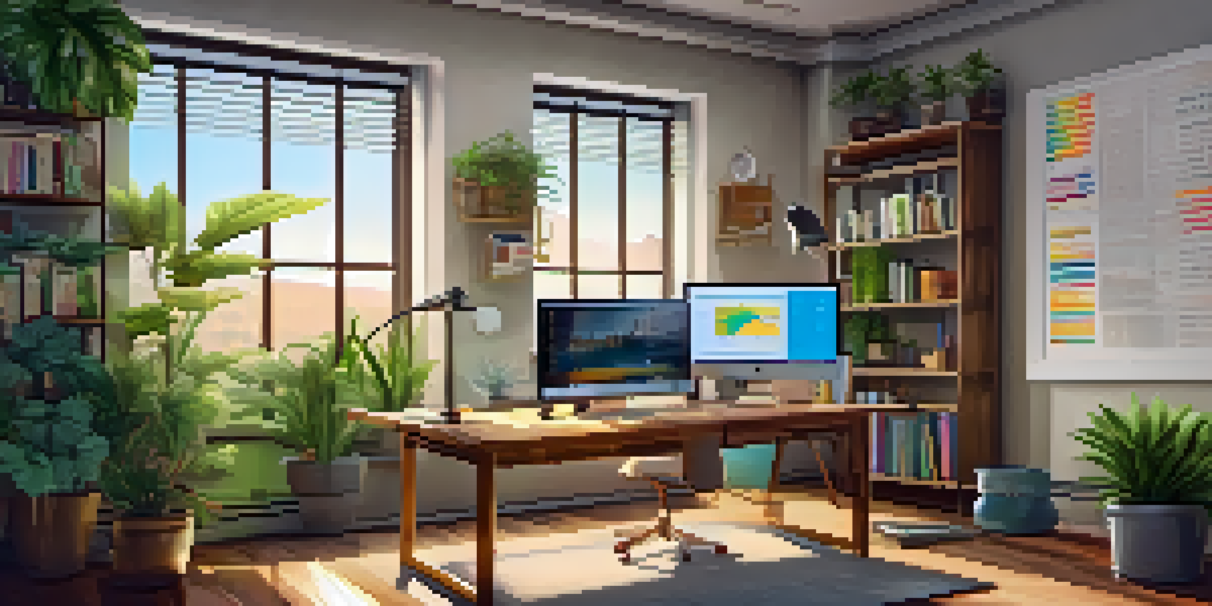 A warm and inviting office space featuring a wooden desk with a laptop, indoor plants, and motivational posters on the walls.