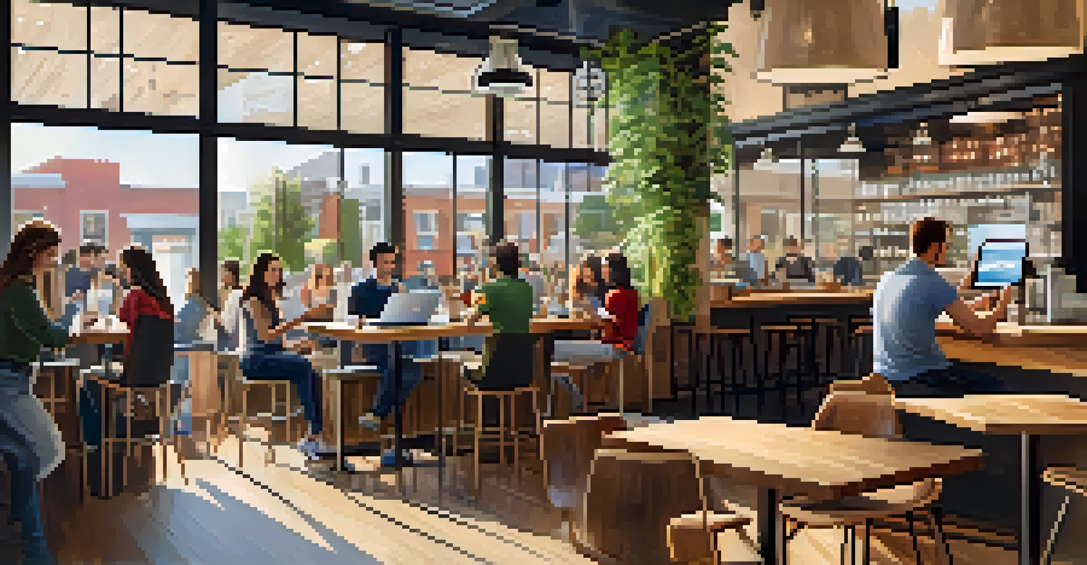 A cozy coffee shop with customers shopping on laptops and smartphones, bright and inviting ambiance.