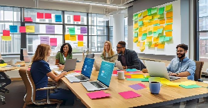 A diverse group of employees in a modern office brainstorming about corporate social responsibility with colorful notes and laptops on a table.