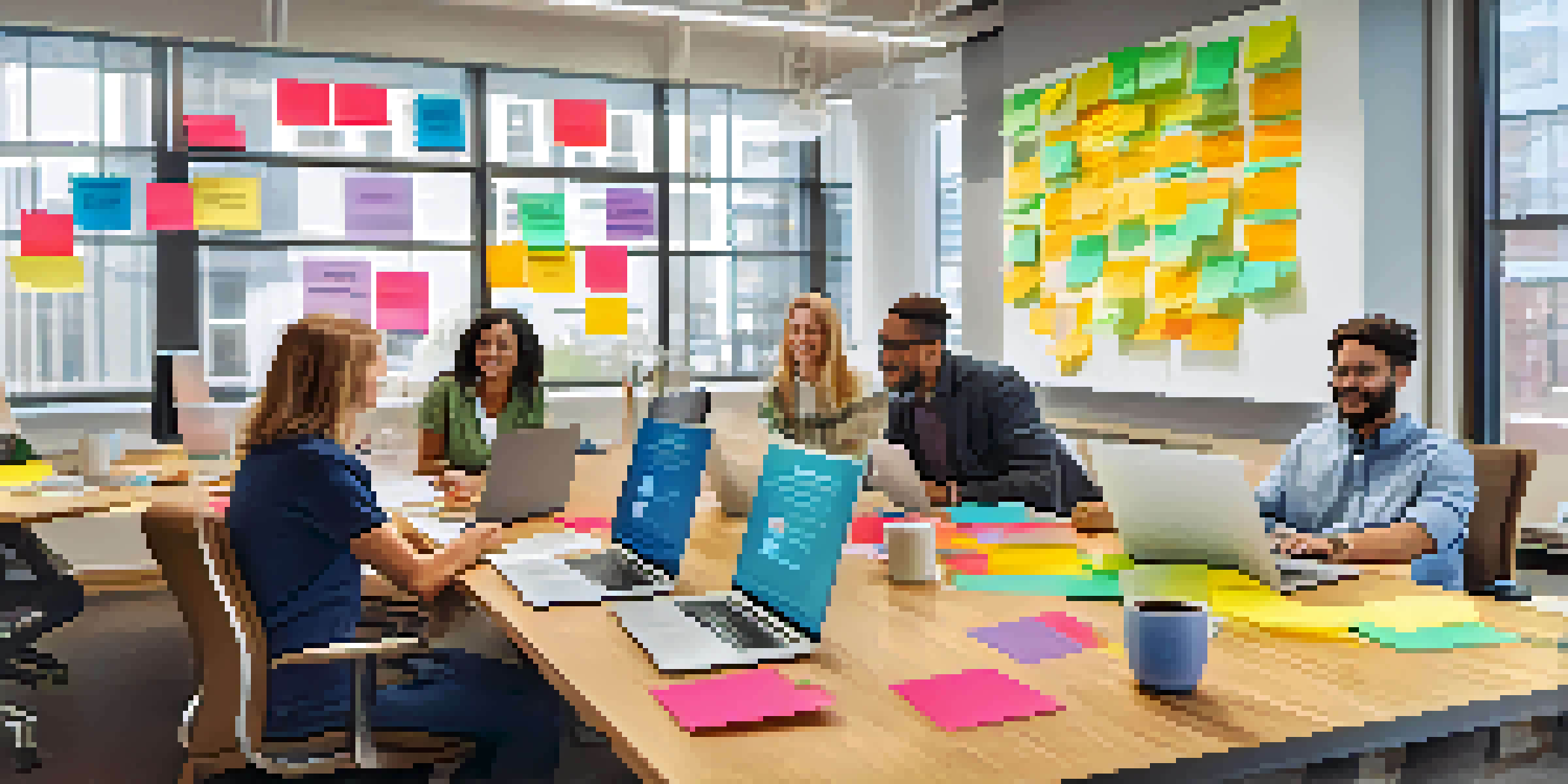 A diverse group of employees in a modern office brainstorming about corporate social responsibility with colorful notes and laptops on a table.