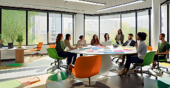 A bright office with diverse employees actively participating in a brainstorming session, surrounded by colorful whiteboards and natural light.