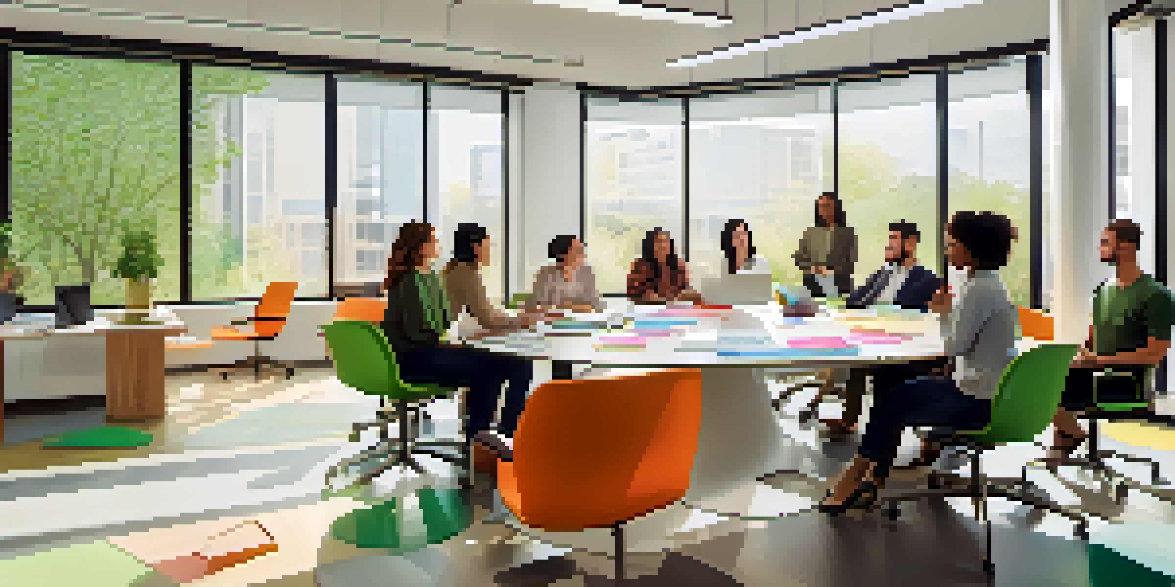 A bright office with diverse employees actively participating in a brainstorming session, surrounded by colorful whiteboards and natural light.