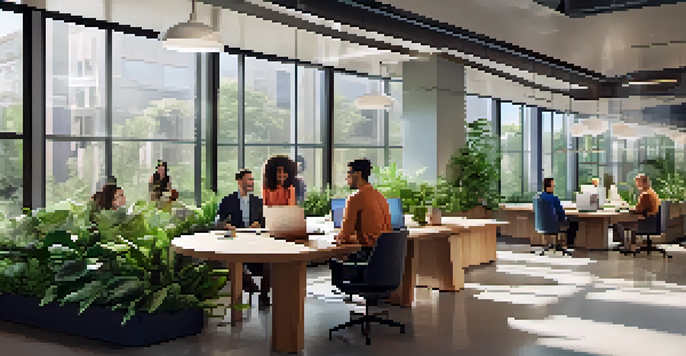 A bright and airy modern office with diverse employees collaborating at a round table, surrounded by plants and natural light.