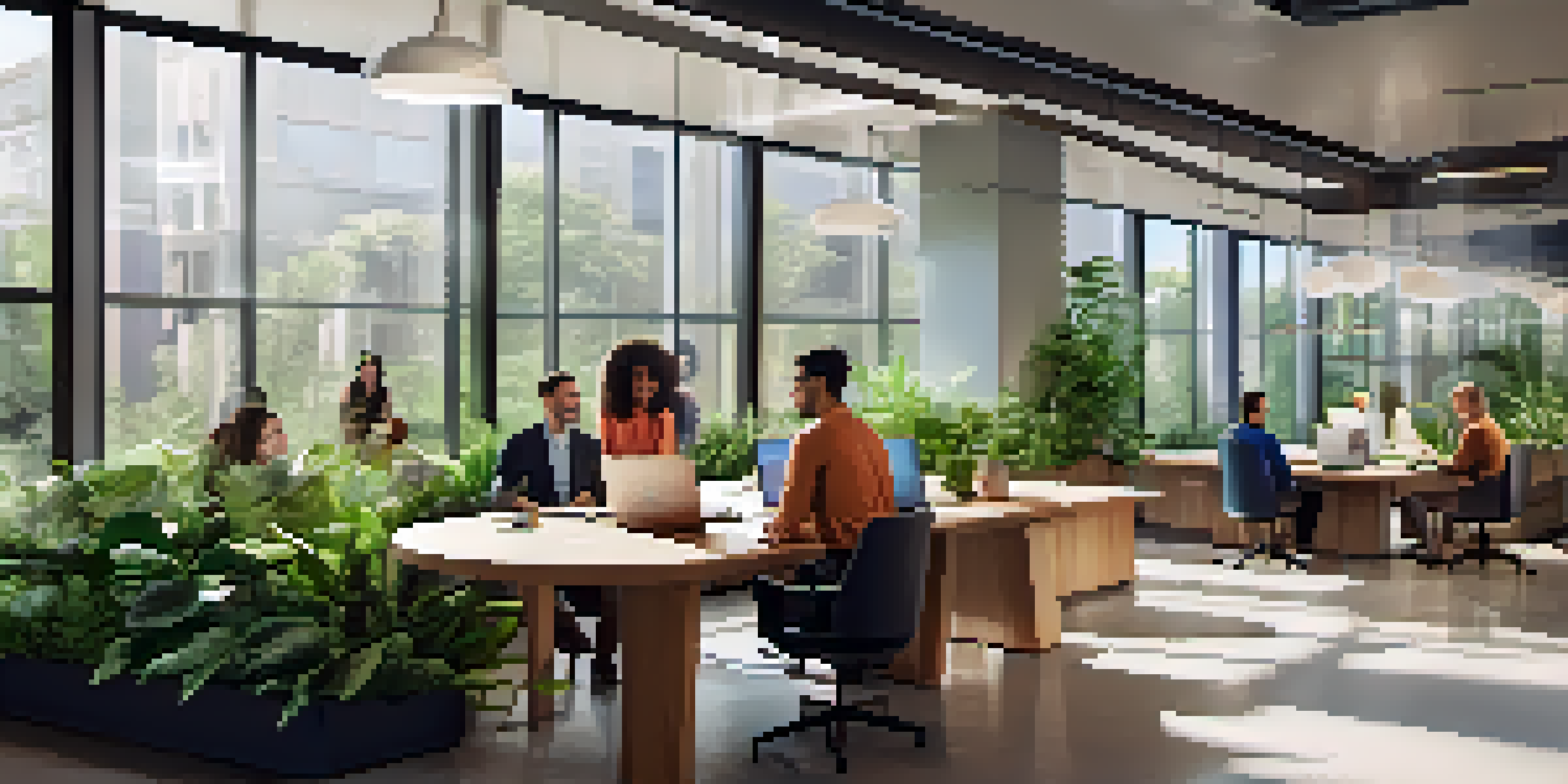 A bright and airy modern office with diverse employees collaborating at a round table, surrounded by plants and natural light.
