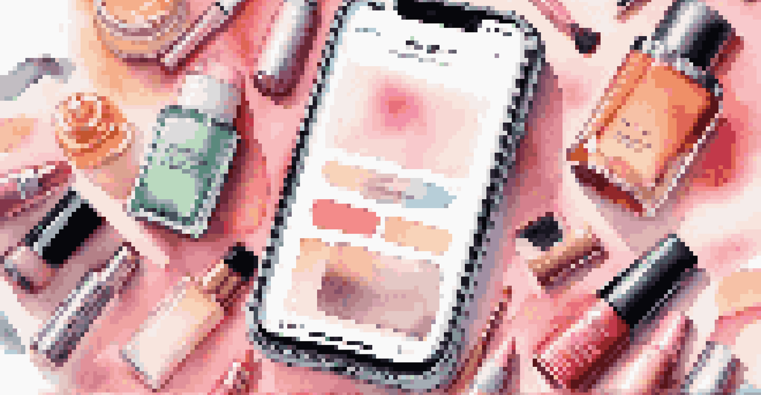 A close-up of a smartphone with an influencer's beauty posts, surrounded by makeup tools and cosmetics on a stylish vanity.