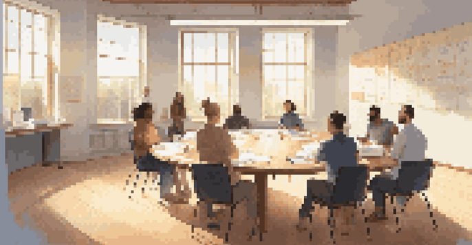 A bright training room with a round table where diverse participants are discussing feedback, illuminated by sunlight from large windows.