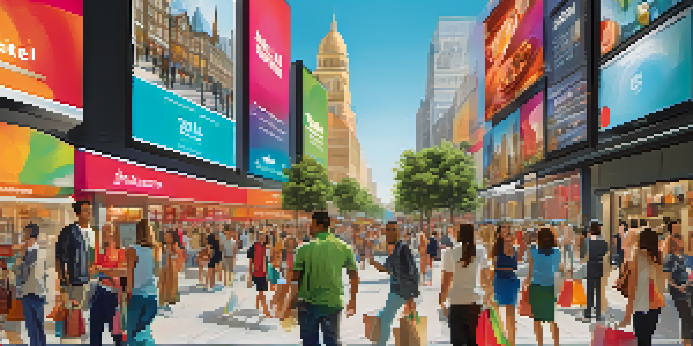 A busy city street filled with shoppers interacting with digital advertisements and using smartphones, illustrating the concept of omnichannel marketing.
