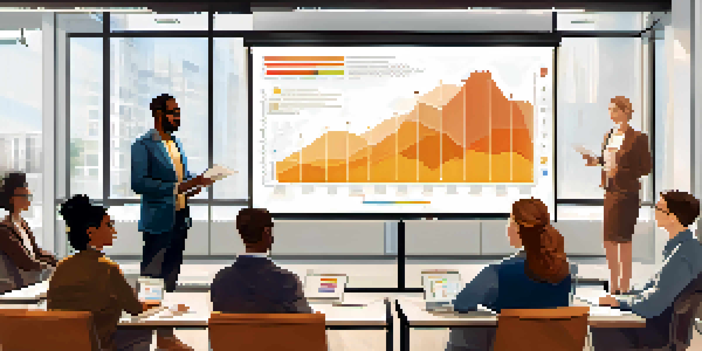 A group of diverse employees participating in a training session with a presenter in front of a screen filled with graphs.