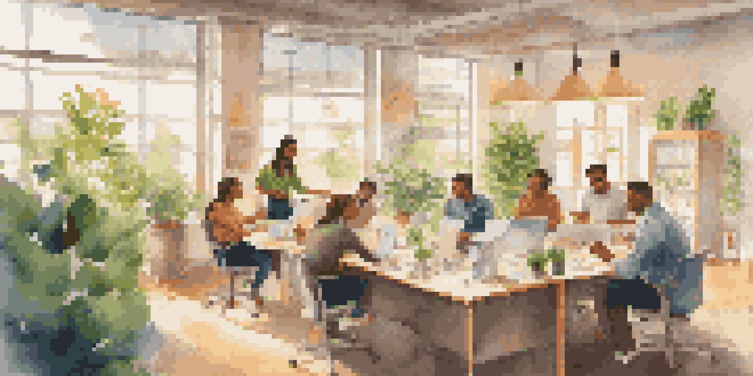A bright office with diverse employees collaborating around a table, with sunlight and plants creating a lively atmosphere.