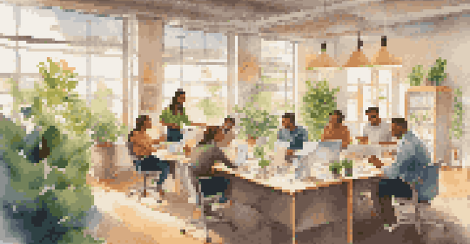 A bright office with diverse employees collaborating around a table, with sunlight and plants creating a lively atmosphere.