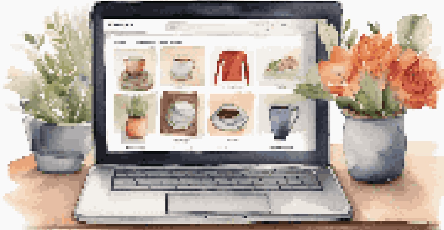 A laptop displaying an e-commerce website with personalized recommendations, surrounded by a cozy workspace with coffee and a notepad.