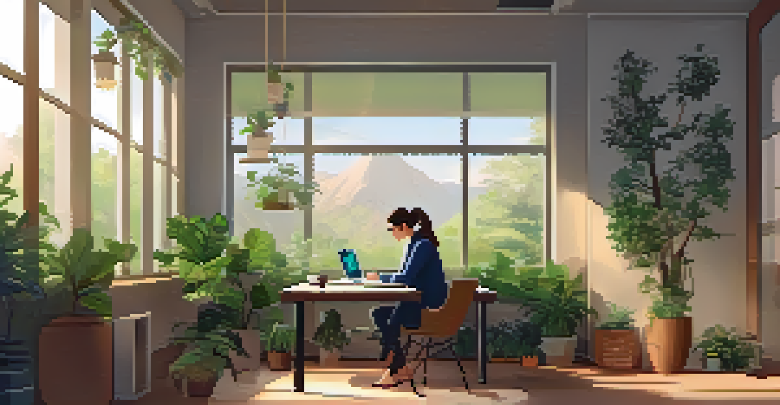 An employee relaxing in a cozy office corner with coffee and plants, representing work-life balance.