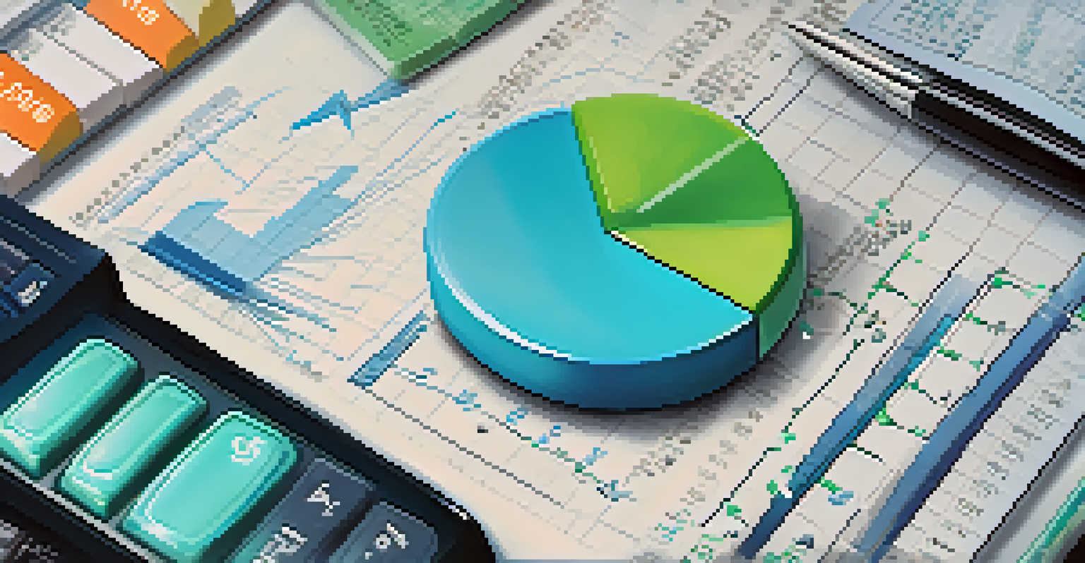 An abstract image of financial forecasting with a graph, calculator, and dollar sign on a blue-green background.