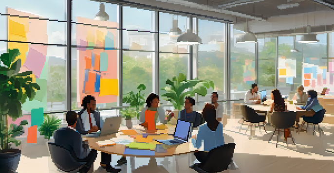 A diverse group of professionals collaborating in a bright office with sticky notes and a laptop on the table.