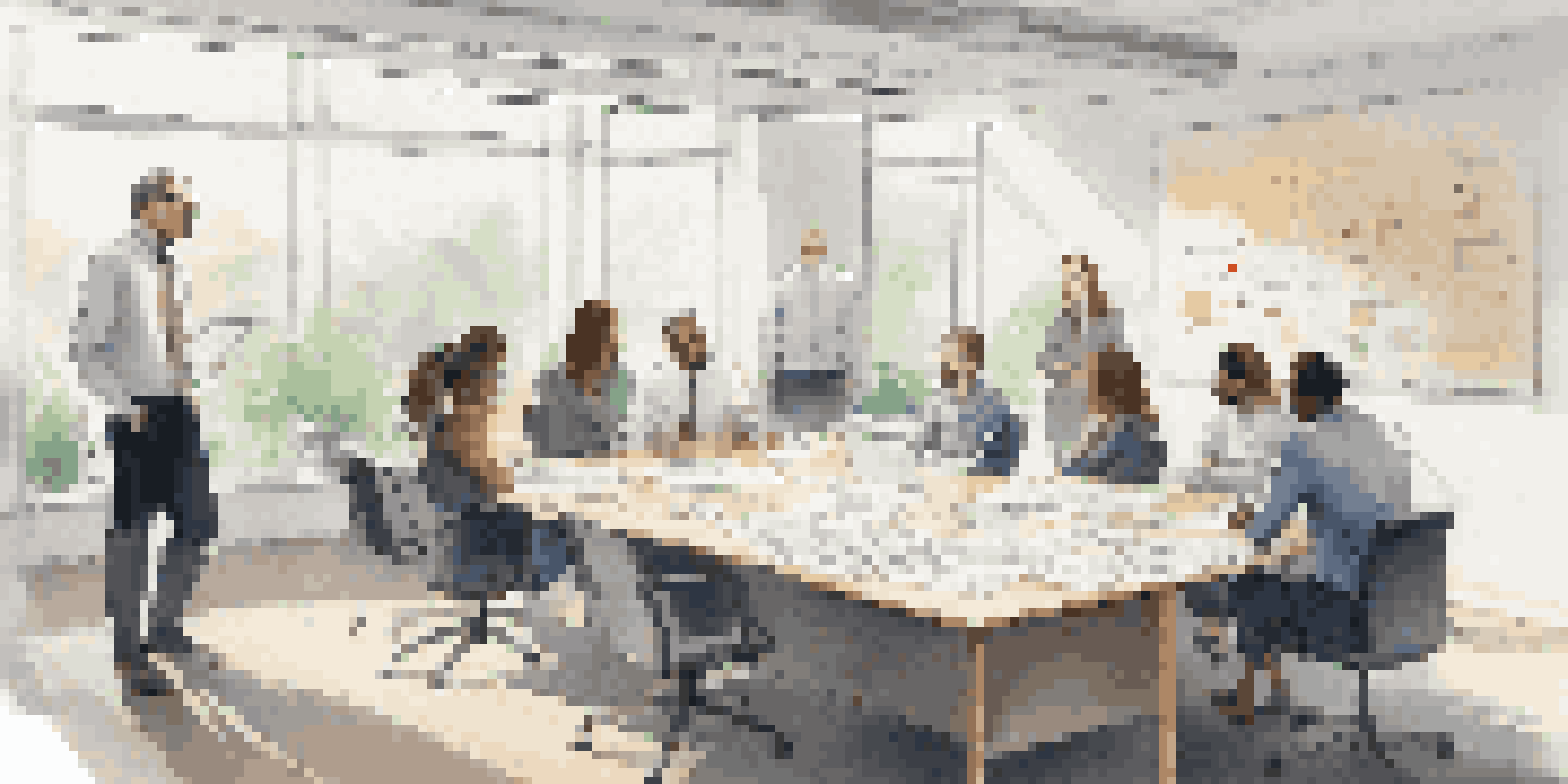 A diverse team in a bright office setting, discussing crisis strategies around a conference table, with notes on a whiteboard.