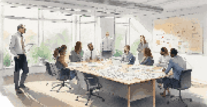 A diverse team in a bright office setting, discussing crisis strategies around a conference table, with notes on a whiteboard.