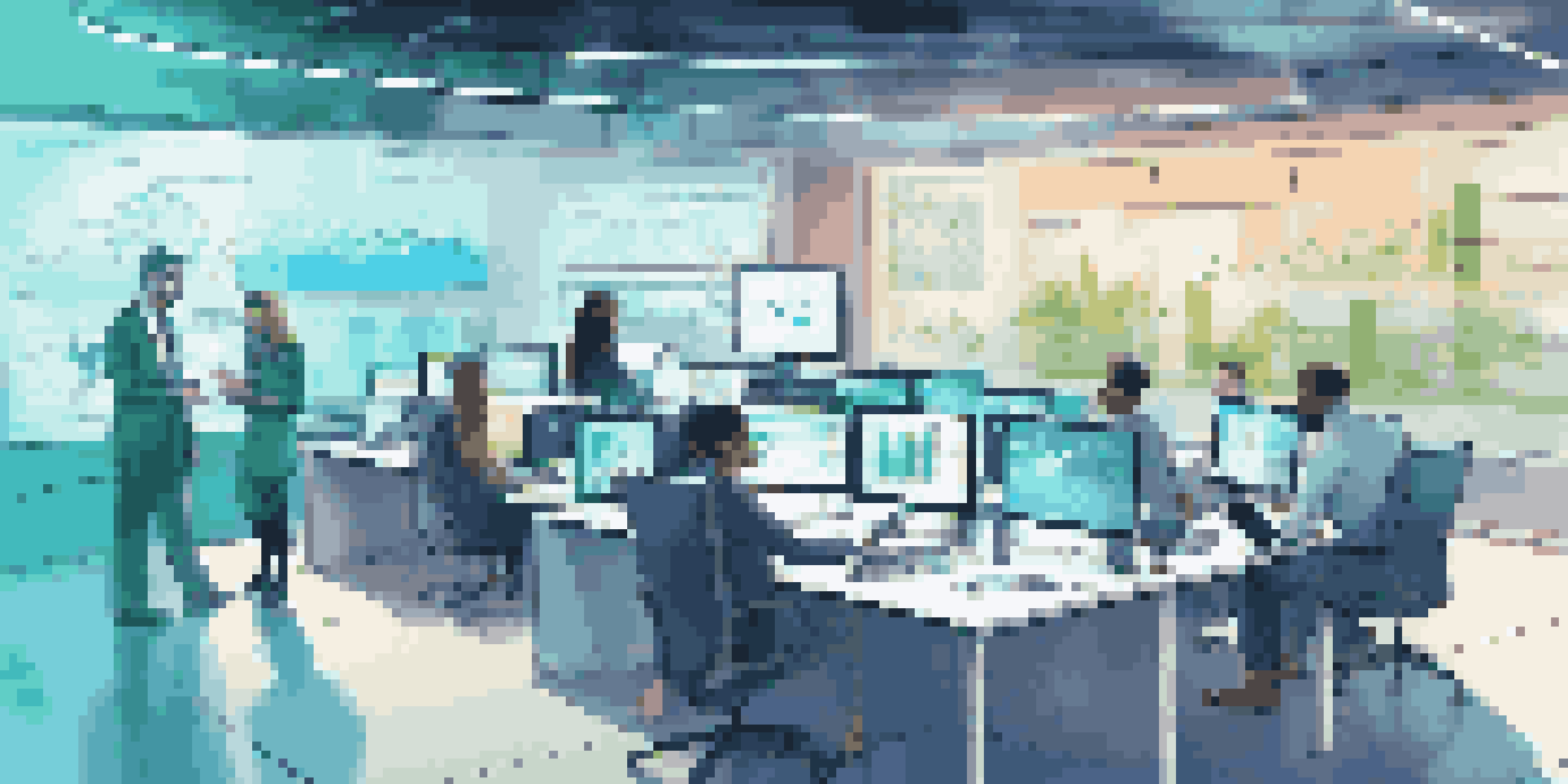 A diverse team of professionals in a modern workspace collaborating over data analytics on a large screen, with soft blue and green lighting.