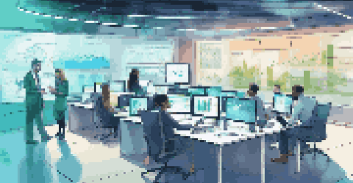 A diverse team of professionals in a modern workspace collaborating over data analytics on a large screen, with soft blue and green lighting.