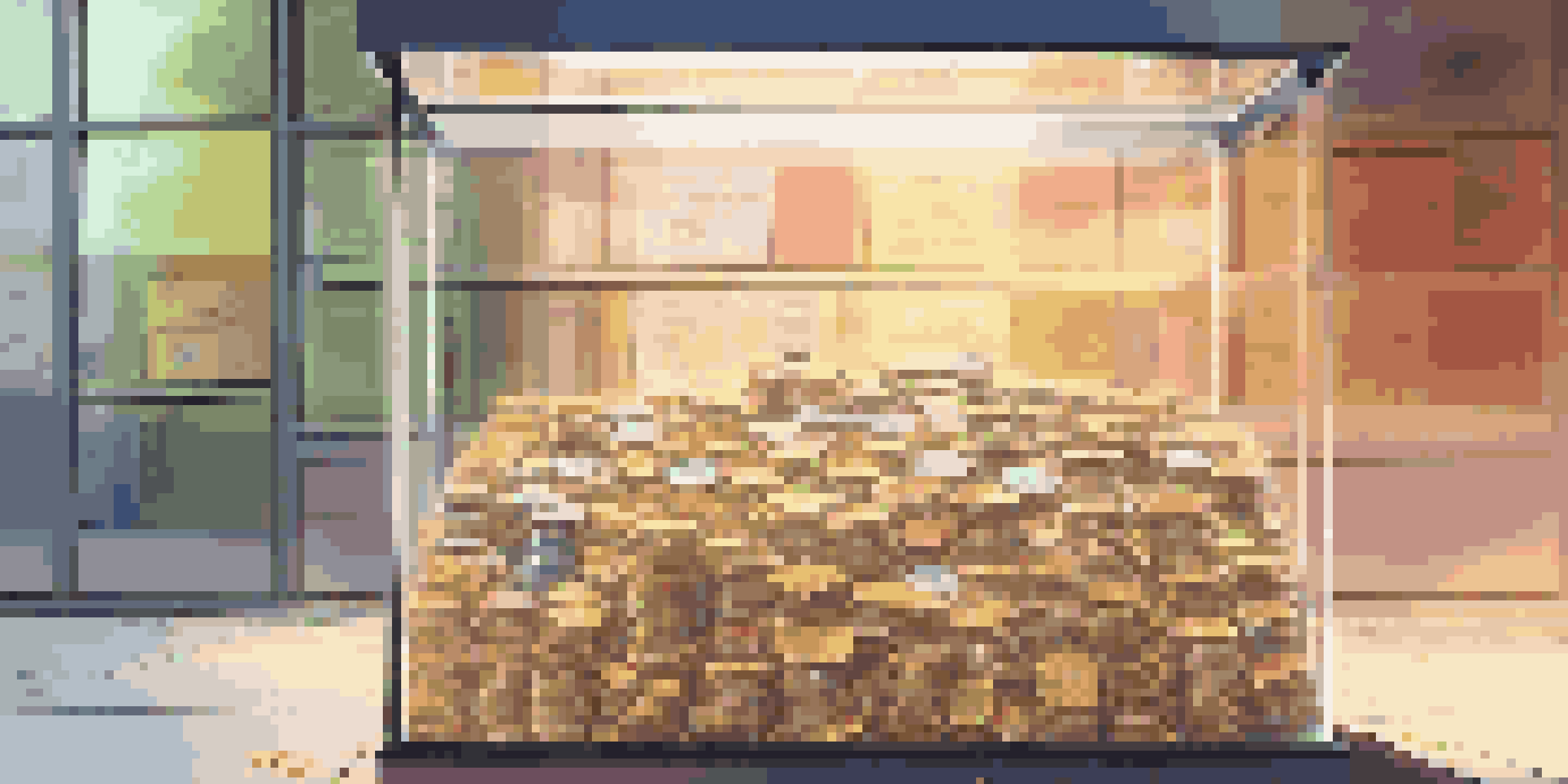 A clear glass box filled with donation money, accompanied by a digital screen showing donation statistics, all under soft warm lighting.