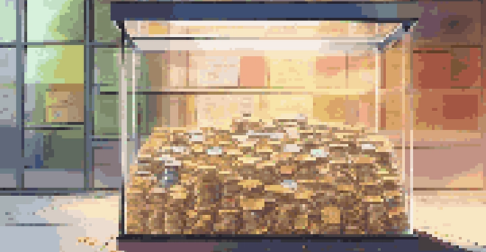 A clear glass box filled with donation money, accompanied by a digital screen showing donation statistics, all under soft warm lighting.