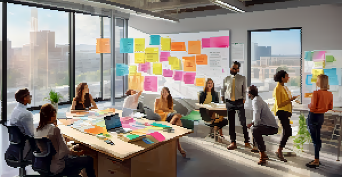 A diverse team in an office setting working together around a Business Model Canvas on a whiteboard, with colorful post-it notes and bright natural light.