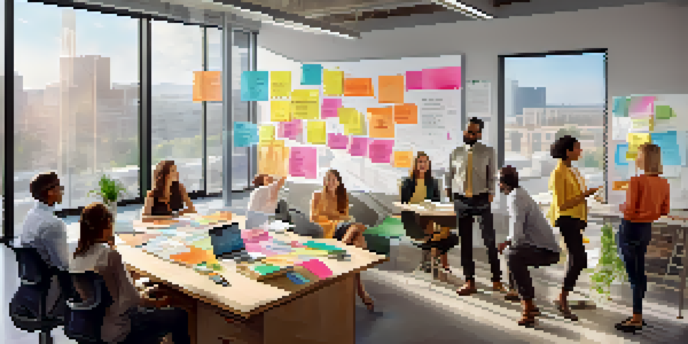 A diverse team in an office setting working together around a Business Model Canvas on a whiteboard, with colorful post-it notes and bright natural light.