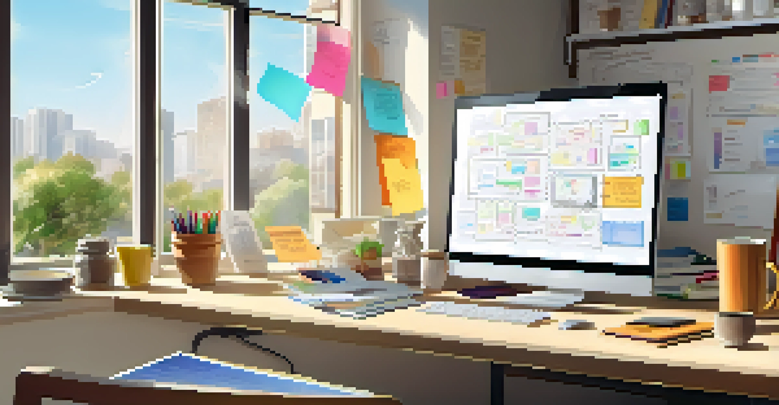 A workspace with a whiteboard covered in diagrams, an open laptop, and sunny weather visible through the window, representing creativity.