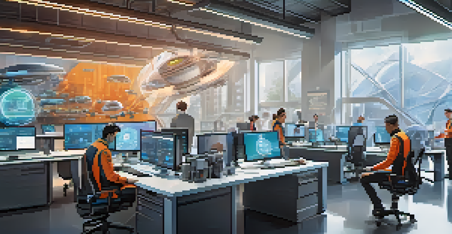 A futuristic workspace where AI robots assist employees in a bright, open environment.