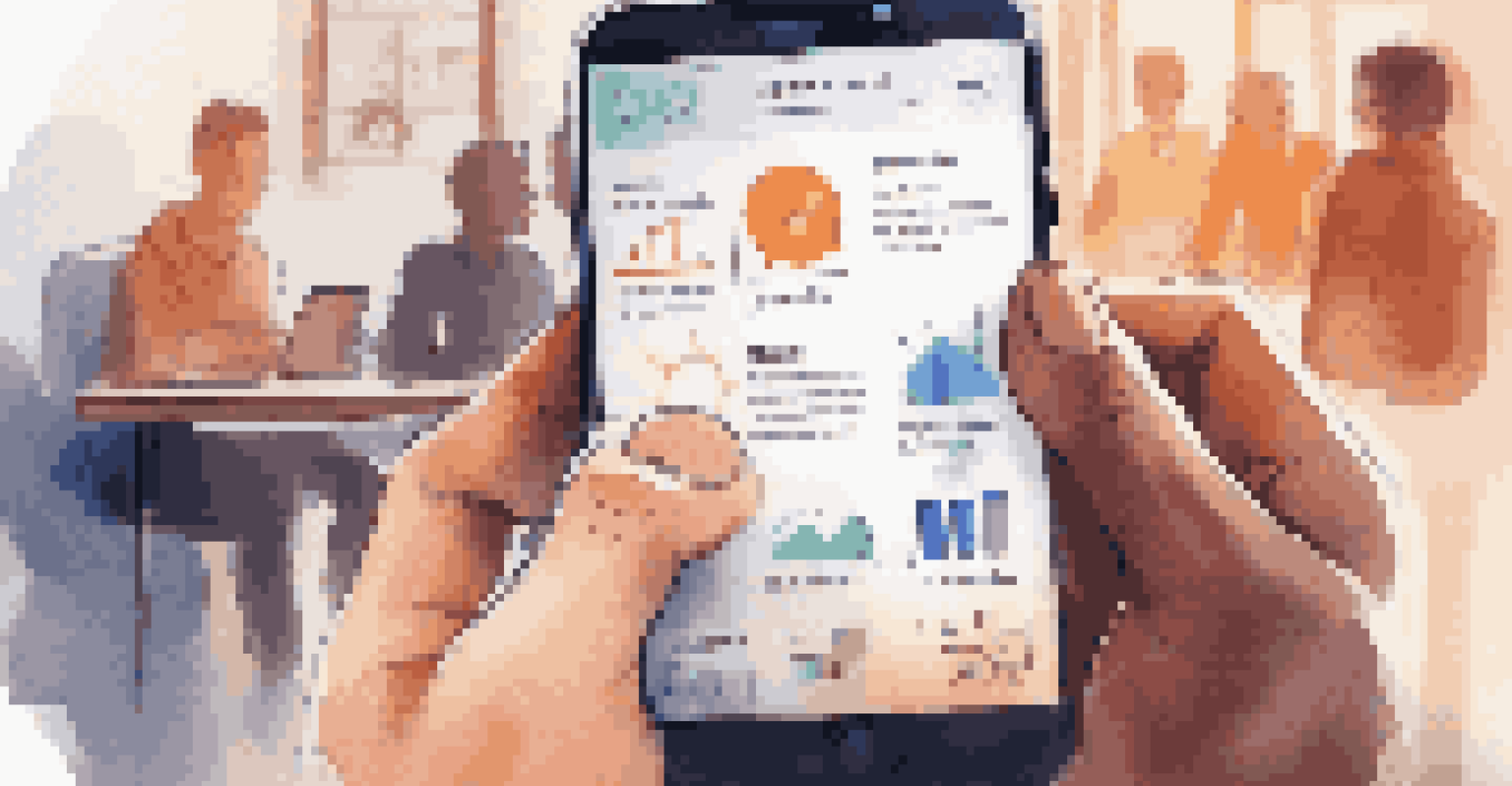 A hand holding a smartphone with an app interface, in a vibrant startup environment.