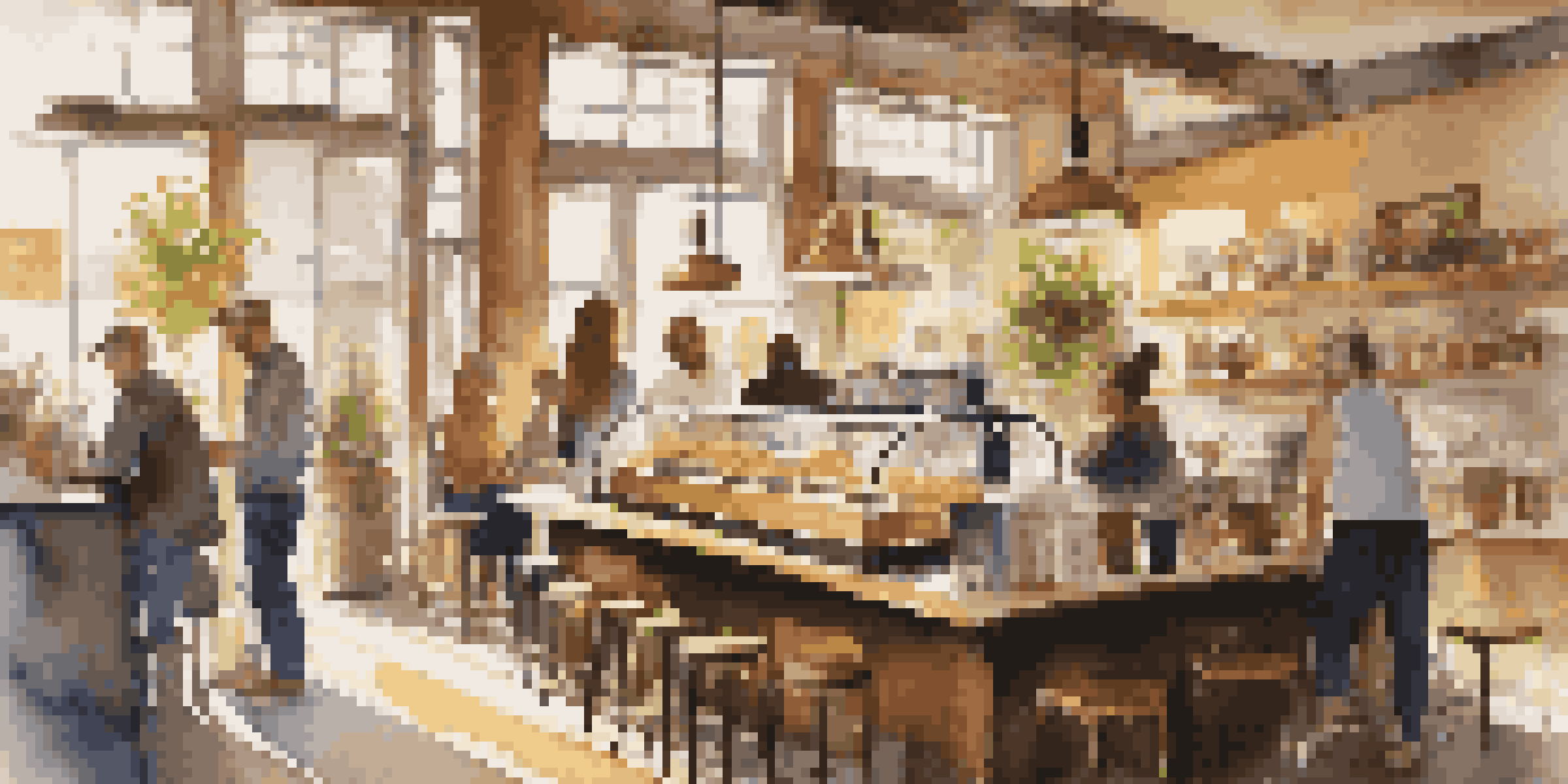 A lively urban cafe filled with customers enjoying coffee and pastries, with sunlight illuminating the space and a barista preparing drinks behind the counter.