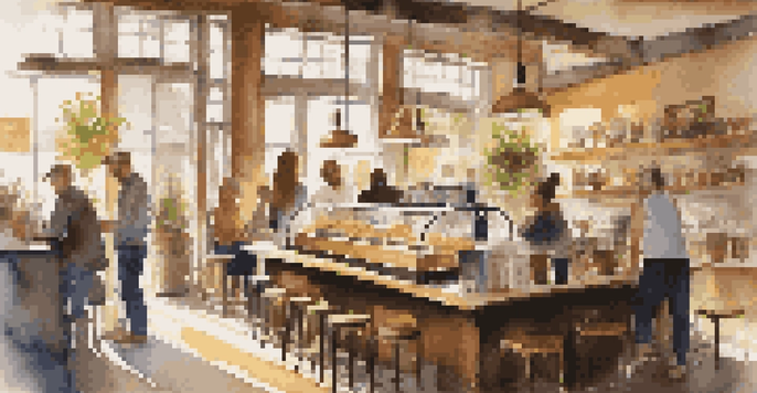 A lively urban cafe filled with customers enjoying coffee and pastries, with sunlight illuminating the space and a barista preparing drinks behind the counter.