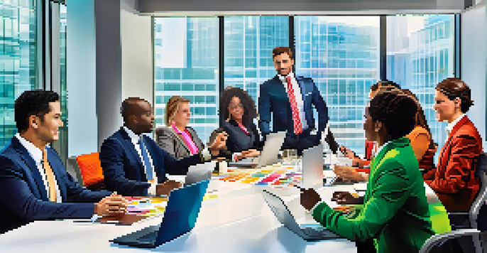A diverse group of sales professionals participating in a role-playing exercise in a modern office conference room, showcasing collaboration and engagement.