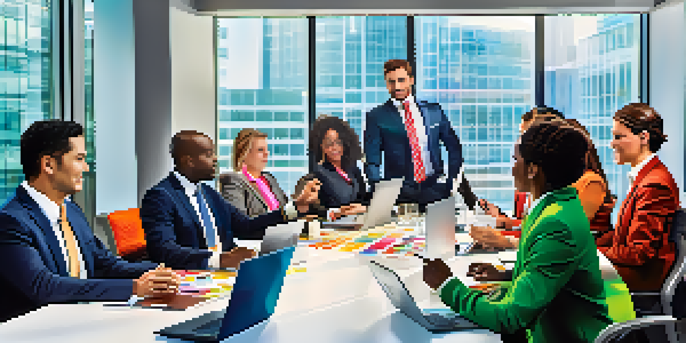 A diverse group of sales professionals participating in a role-playing exercise in a modern office conference room, showcasing collaboration and engagement.