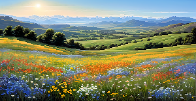 A vibrant field of wildflowers under a blue sky with rolling hills in the background.