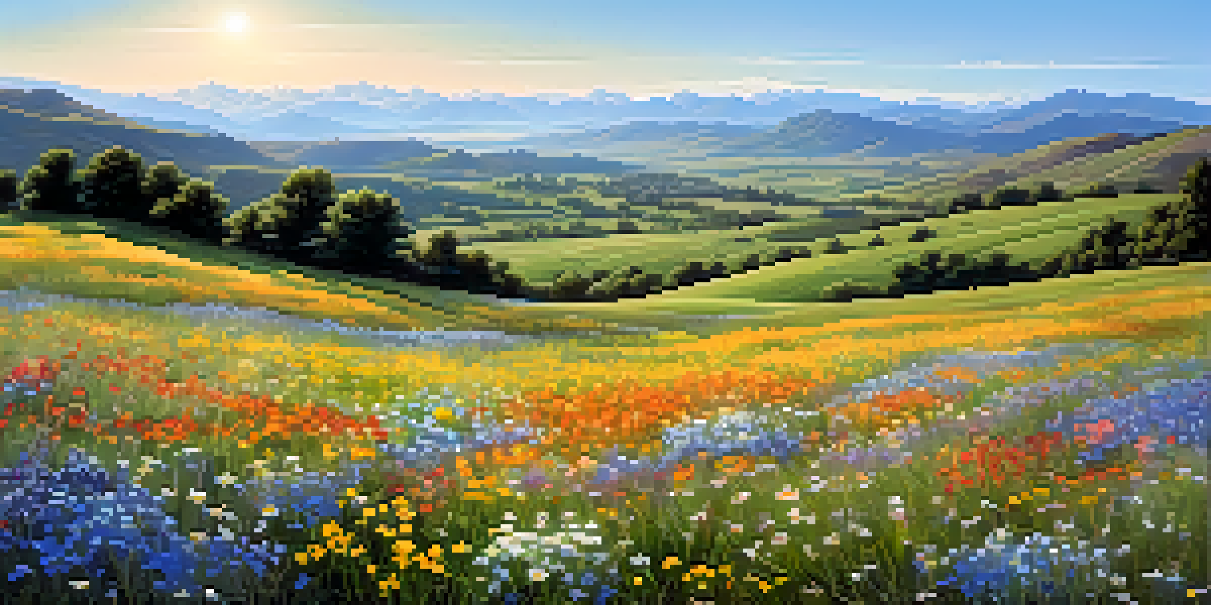 A vibrant field of wildflowers under a blue sky with rolling hills in the background.
