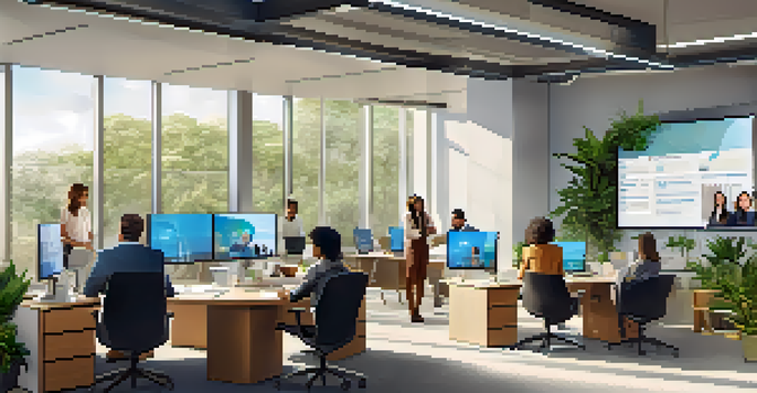 A diverse group of employees in a modern office having a virtual meeting with advanced technology, bright natural light, and plants in the room.