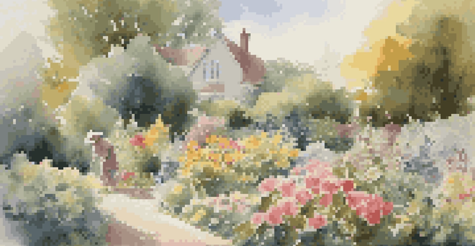 A peaceful garden with blooming flowers, a gardener tending to the plants, and sunlight shining through the leaves.