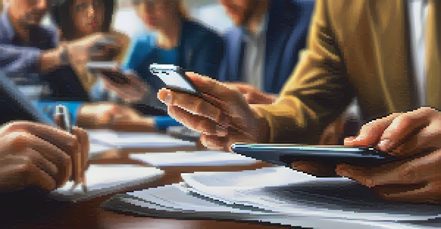 A person holding a smartphone reading crisis communication messages in a busy office environment.