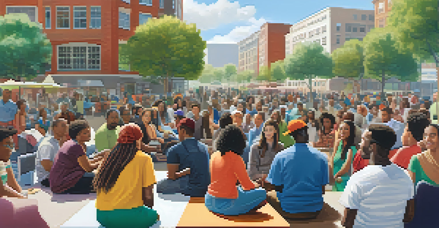 A diverse group of individuals in an urban community meeting discussing affordable housing projects with colorful posters in the background.