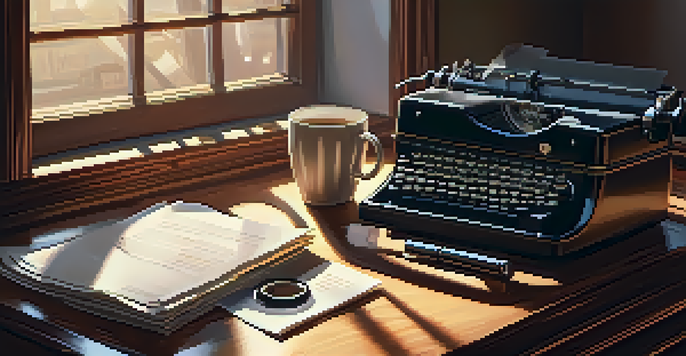 A patent application document on a desk with a typewriter and coffee cup, illuminated by sunlight.