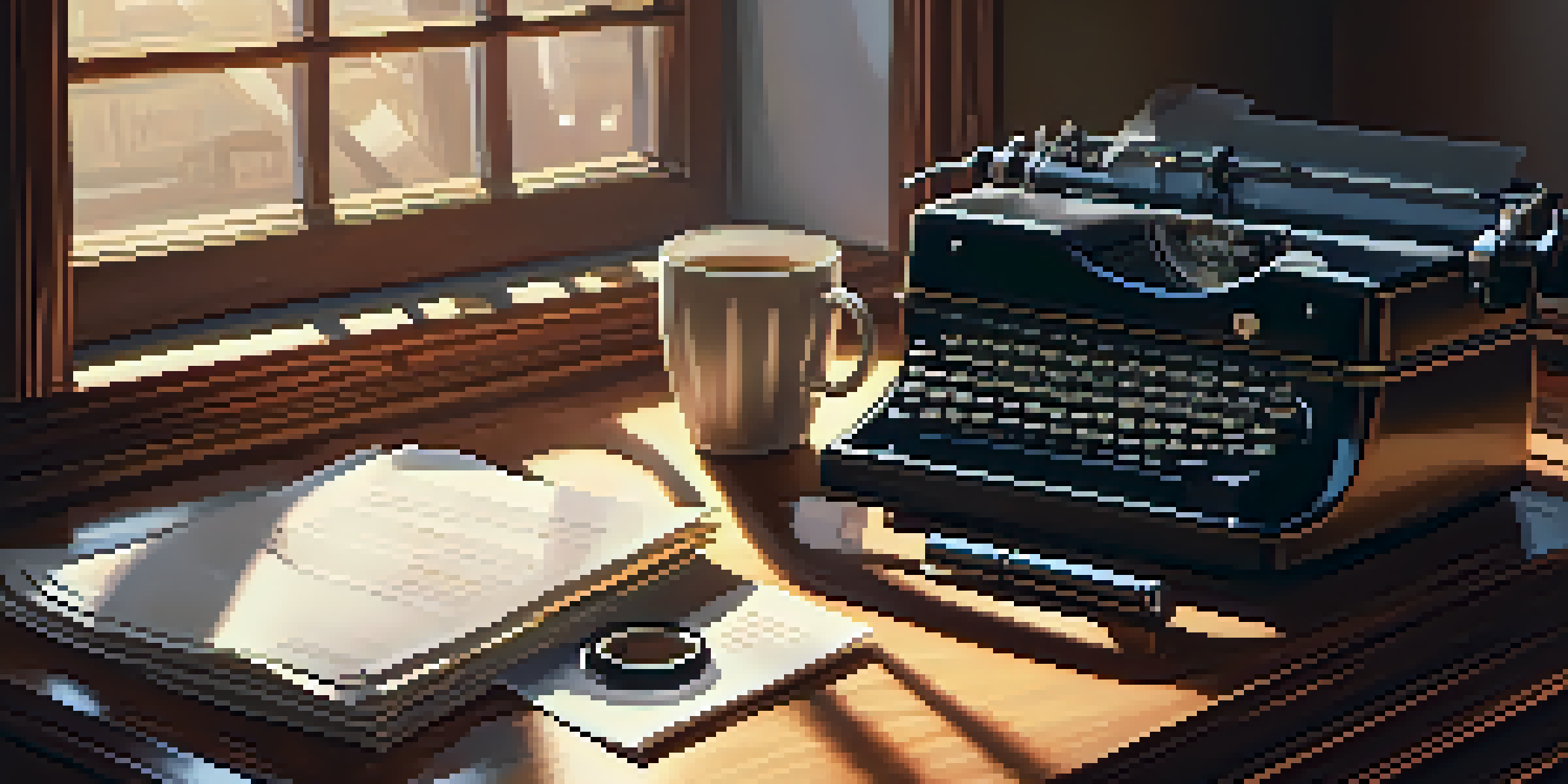 A patent application document on a desk with a typewriter and coffee cup, illuminated by sunlight.