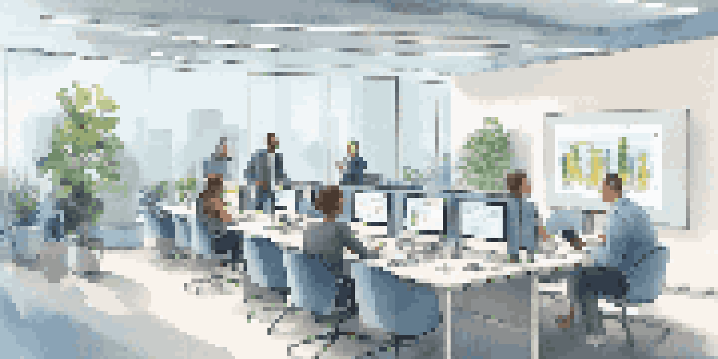 A bright office with a large screen showing AI analytics on customer feedback, surrounded by diverse professionals discussing.