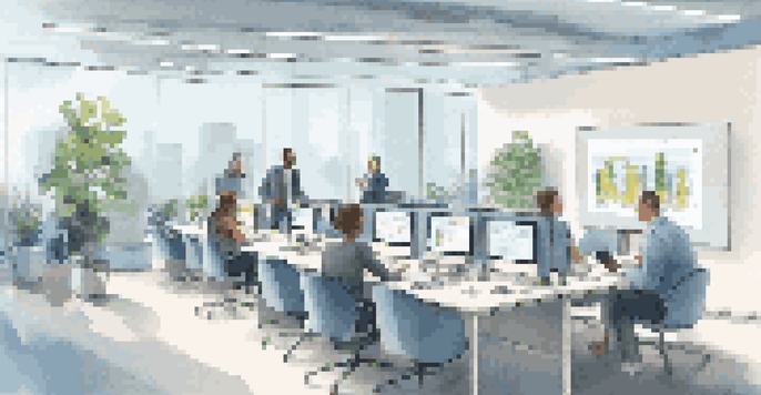 A bright office with a large screen showing AI analytics on customer feedback, surrounded by diverse professionals discussing.