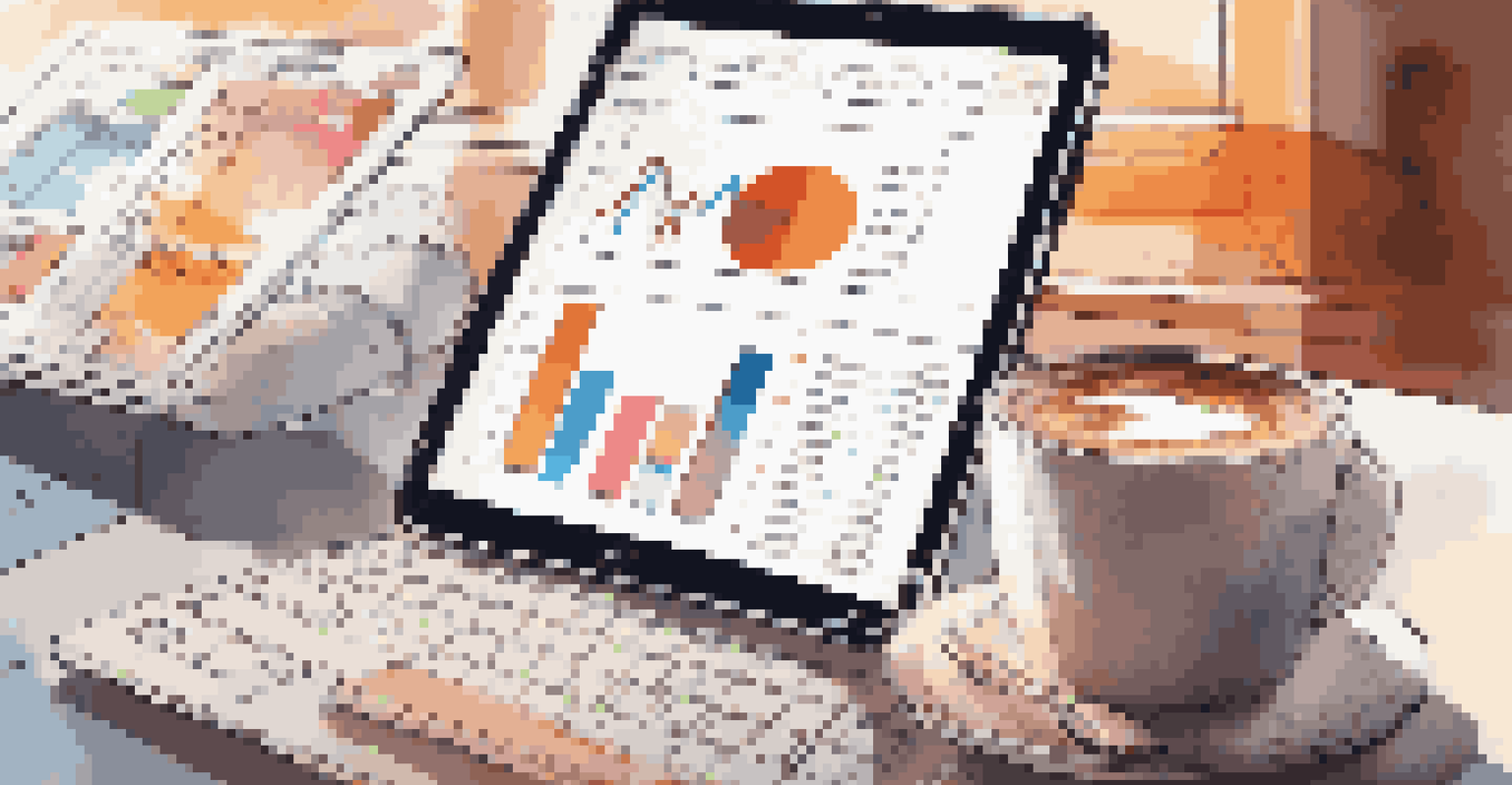 A person examining data on a tablet, with graphs and charts around them, and a coffee cup on the table.